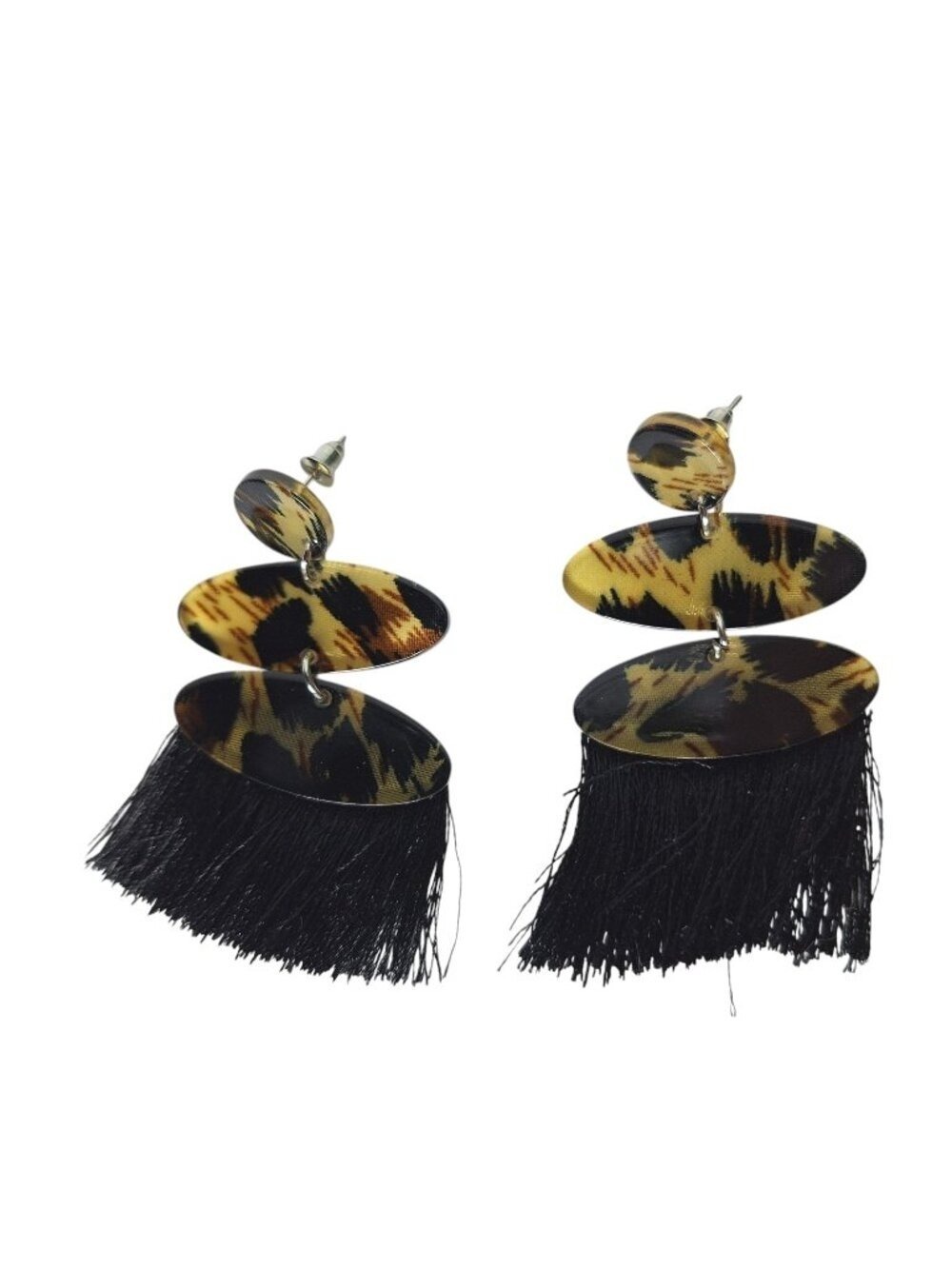 Leopard Print Tassel Drop Earrings Tiered Oval